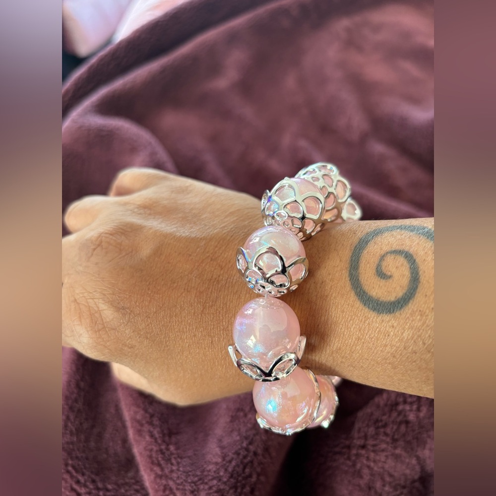 Pretty in Pink Beaded Bracelet with Silver Designs